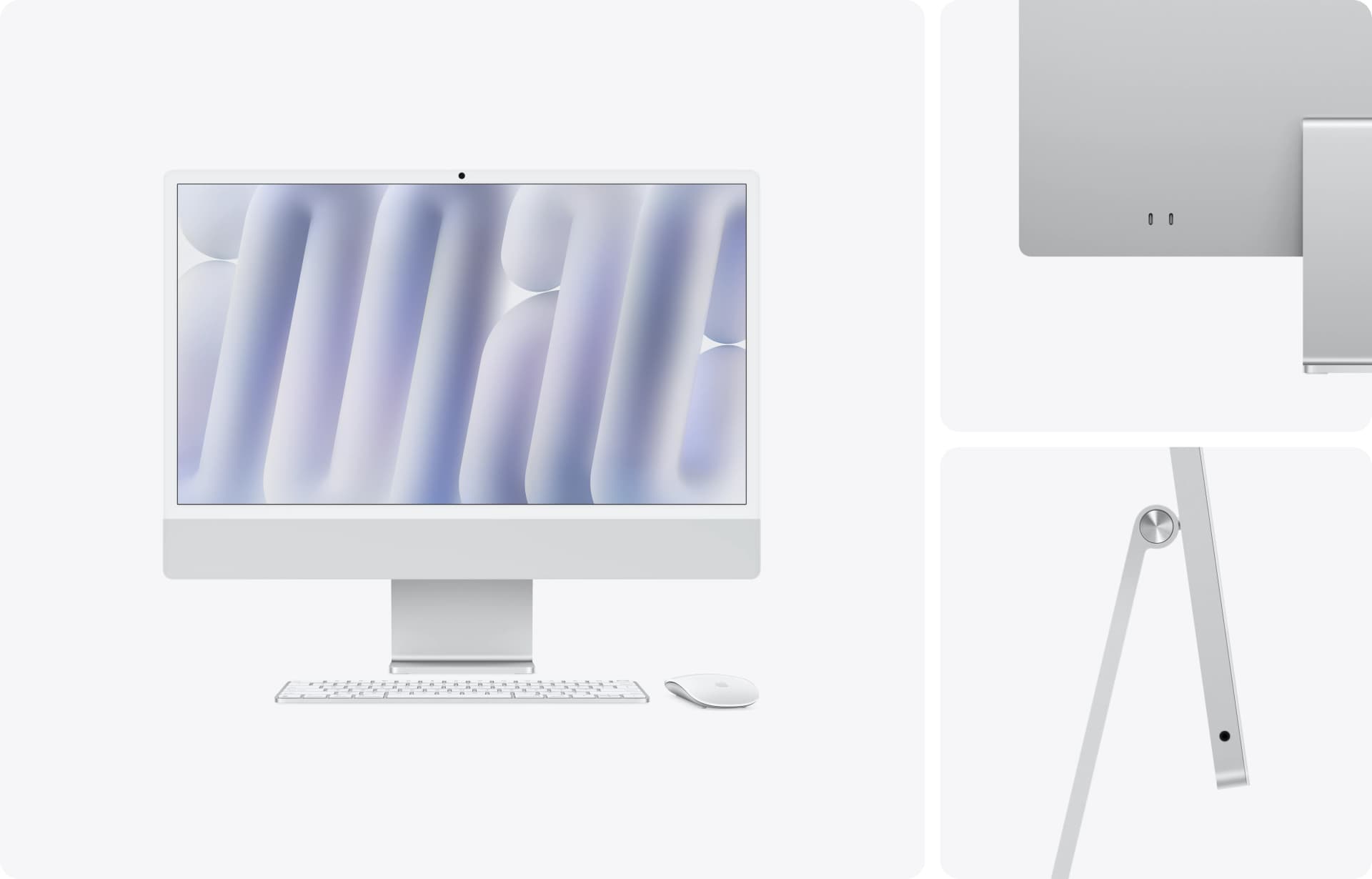 Apple iMac 24 pouces M4 (2025) — 16 Go / 256 Go — iMac argent de face, de dos et de profil avec ses accessoires