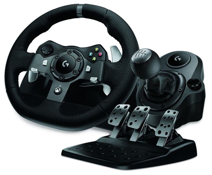 Volant de course noir monté sur son support, illustrant le Logitech G923